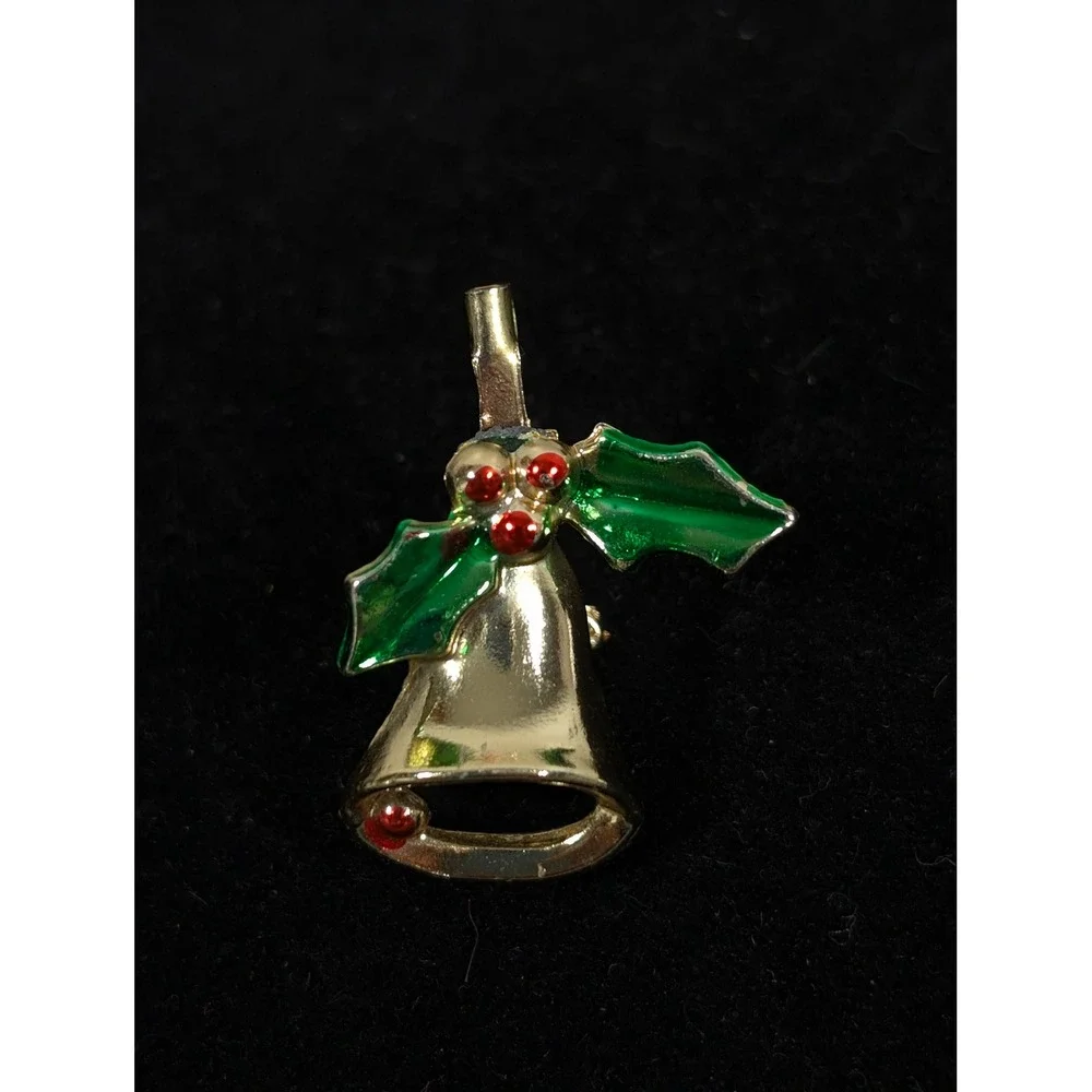 Vintage Christmas Bell Brooch Gold‎ Tone Holly Holiday Pin Retro